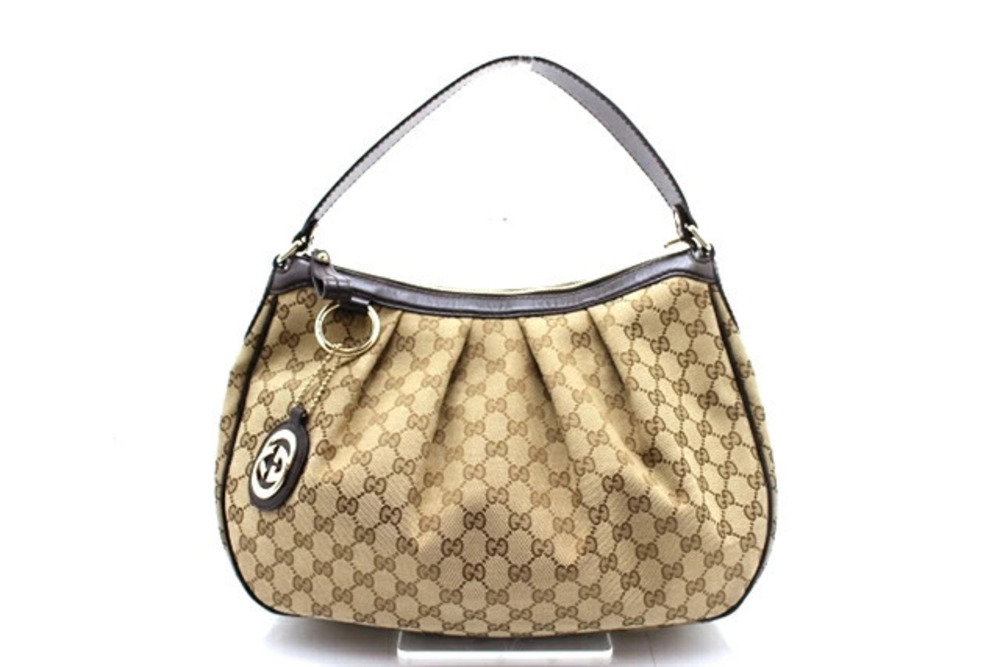 Gucci Sukey Shoulder Bag GG Canvas Calfskin Beige Cream Dark Brown